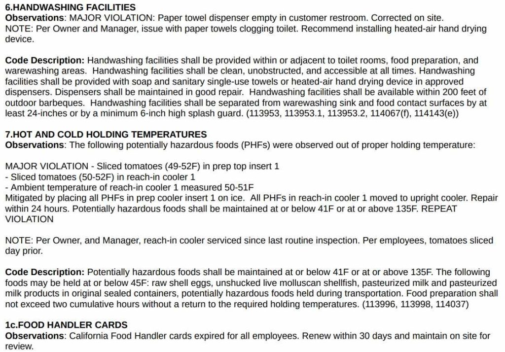 Screenshot of the official inspection report