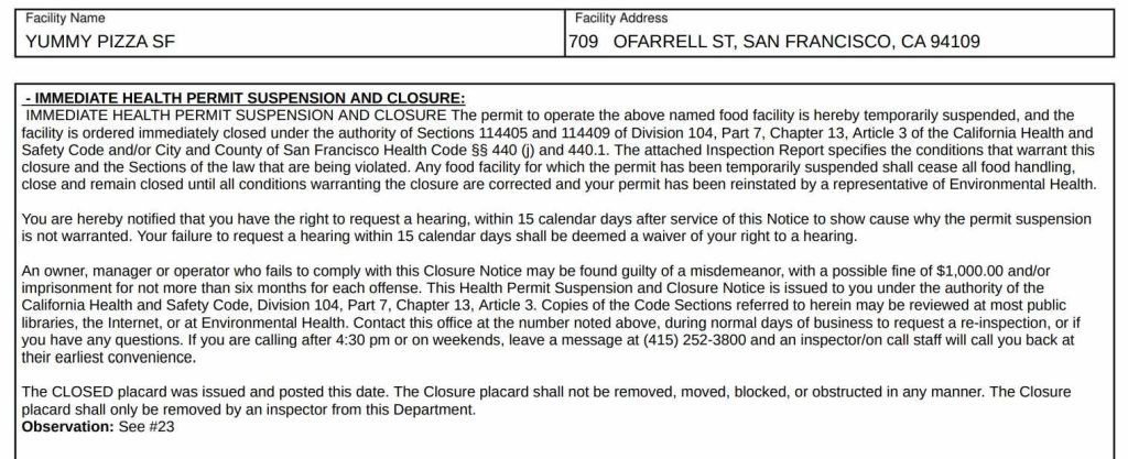 Screenshot of Yummy Pizza inspection report