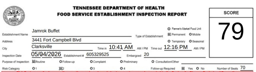 Screenshot of official Jamrok Buffet inspection report