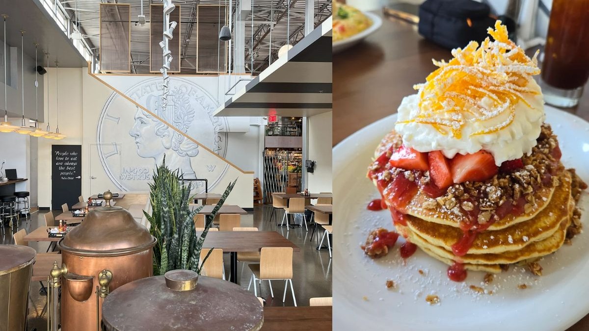 Dime Store Inside the Dime Store and an image of pancakes served at the restaurant