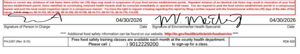 Screenshot of Horn of Africa Restaurant inspection report