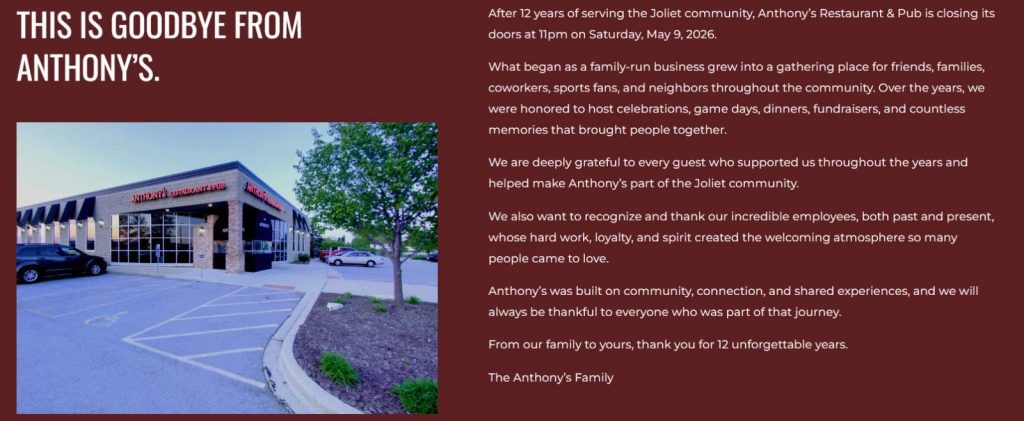 Closure announcement screenshot image of Anthony