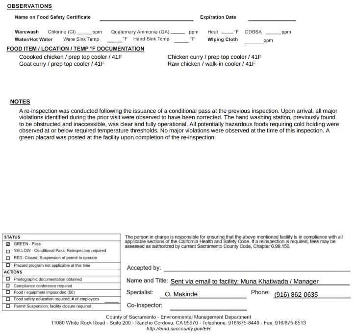 Namaste Sacramandu reinspection report screenshot