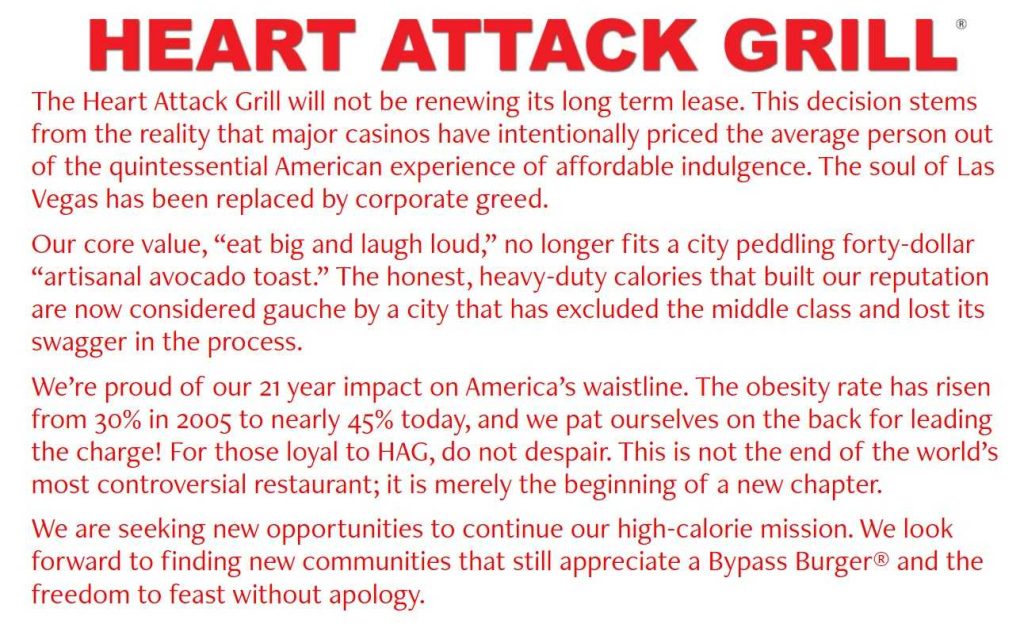 Heart Attack Grill Closure announcement image of Heart Attack Grill