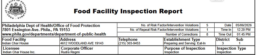 Screenshot of Indian Char House inspection report