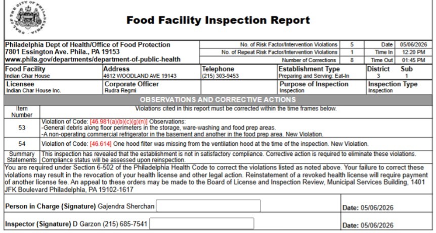 Indian Char House inspection report screenshot