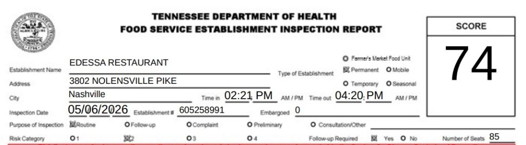 Screenshot of Edessa Restaurant health inspection report