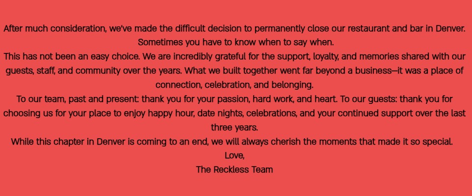 Reckless Noodle House announcement Reckless Noodle House announcement of closure