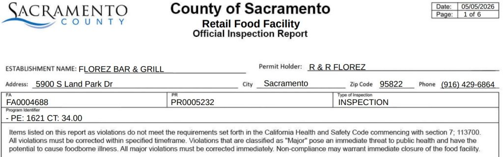 Florez Bar and Grill inspection report screenshot