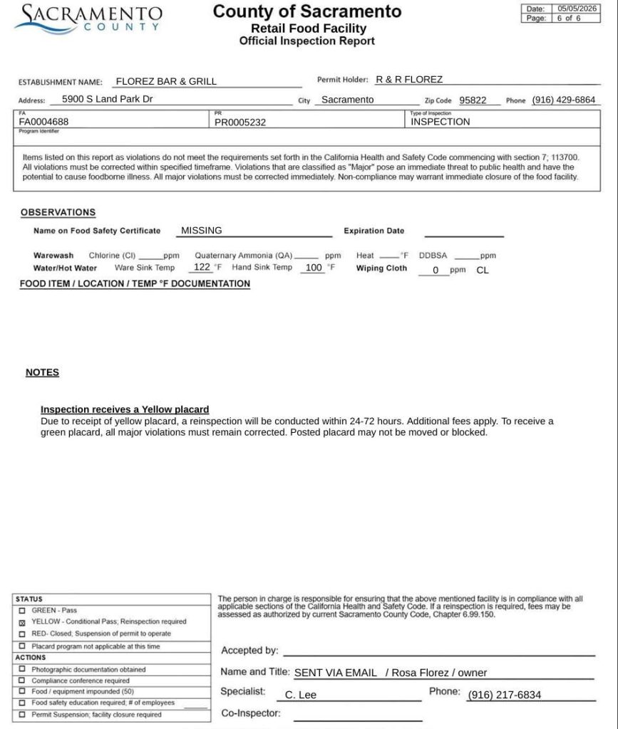 Screenshot of Florez Bar and Grill inspection report