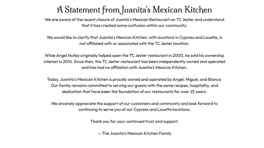 This screenshot shows an official statement from Juanita's Mexican Kitchen