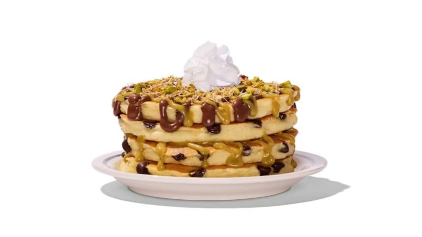 This image shows IHOP’s viral Dubai Chocolate Pancakes