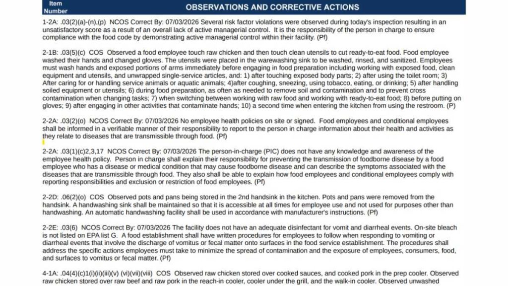 Screenshot of the violations in the Makai Hawaiian BBQ inspection report