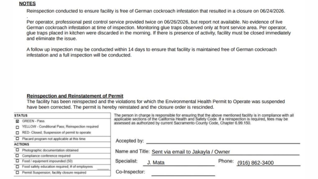 Screenshot of Reinspection report of louisiana Heaven