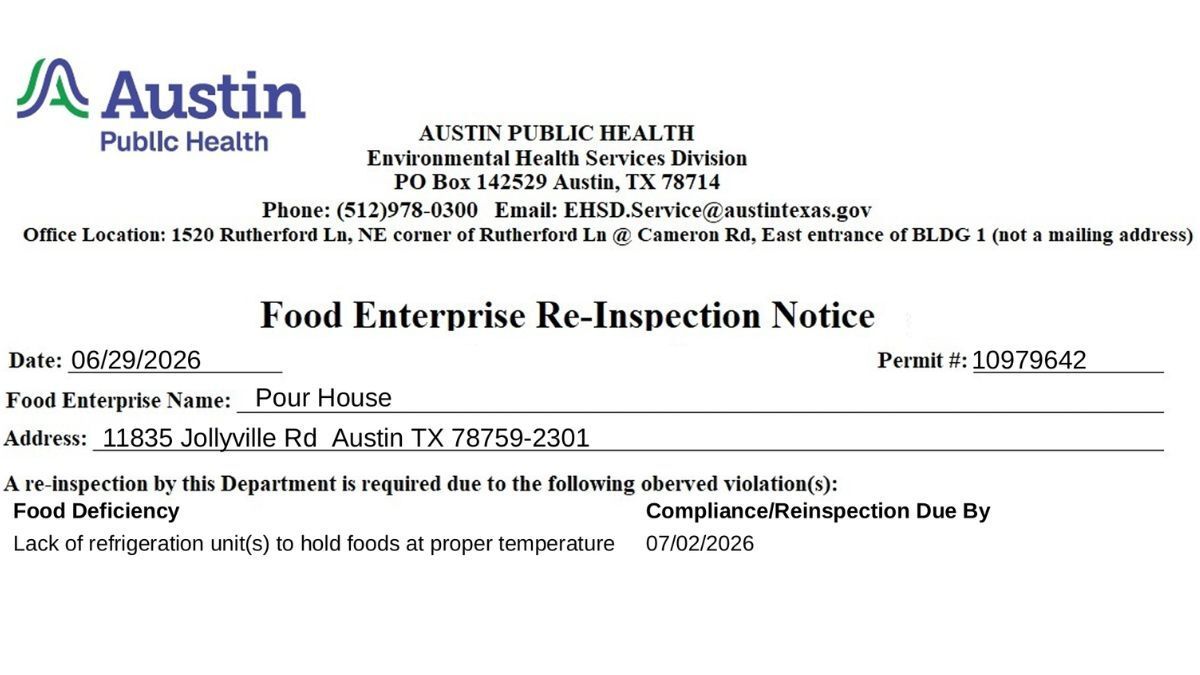Screenshot of the official Pour House inspection report