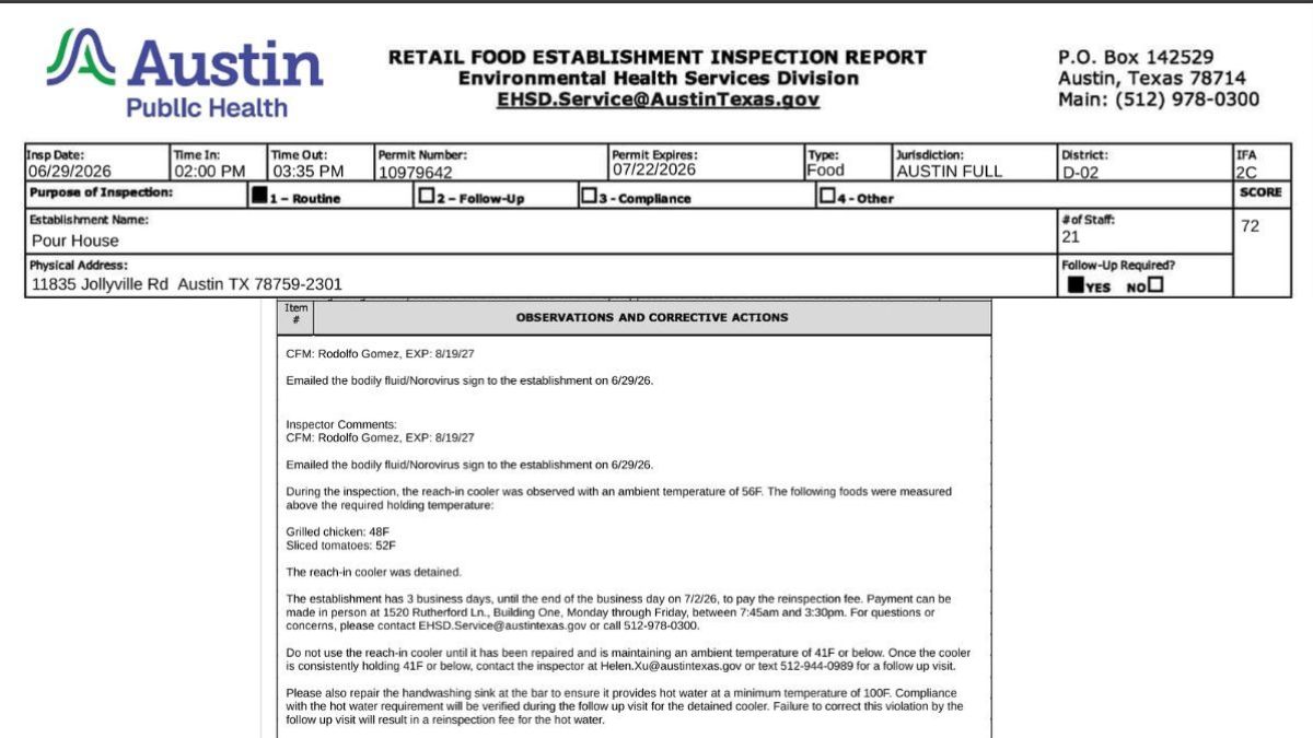 Screenshot of the Pour House inspection report