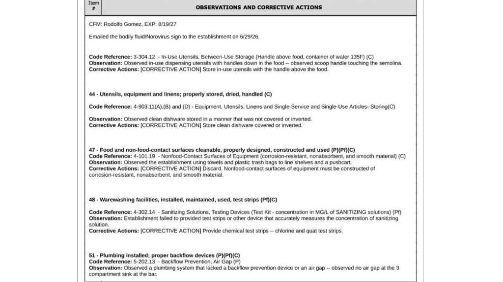 Pour House inspection report stating violations