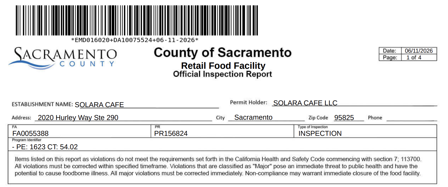 A screenshot of Solara Cafe’s official inspection report (inspections.myhealthdepartment.com/sacramento)