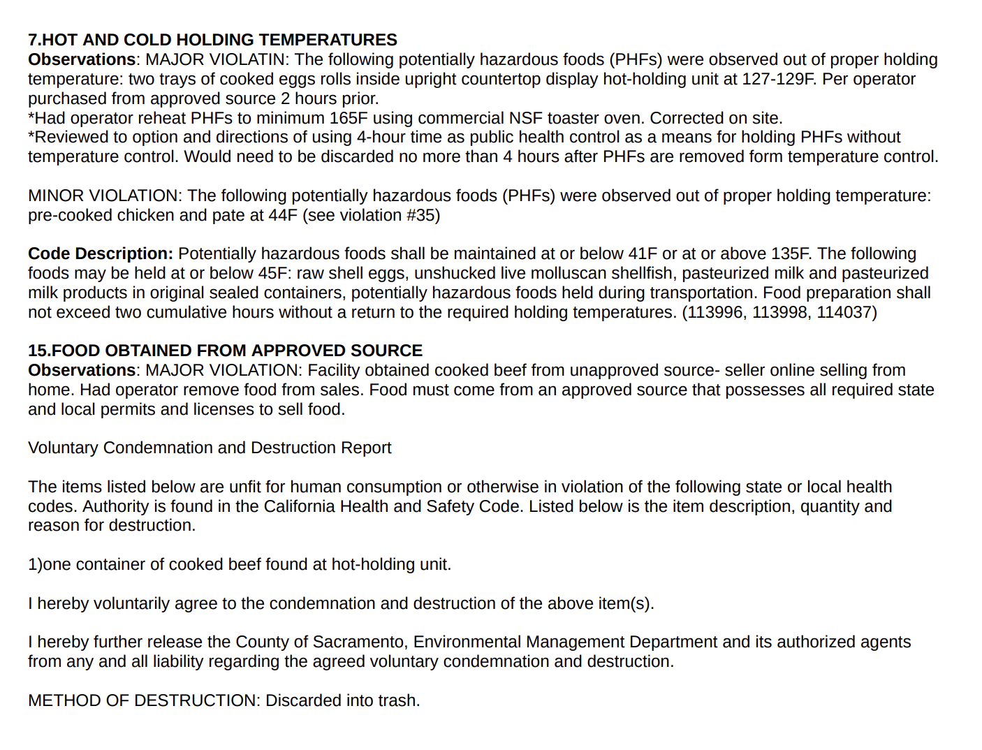 Screenshot of the violations mentioned in the inspection report (inspections.myhealthdepartment.com/sacramento)