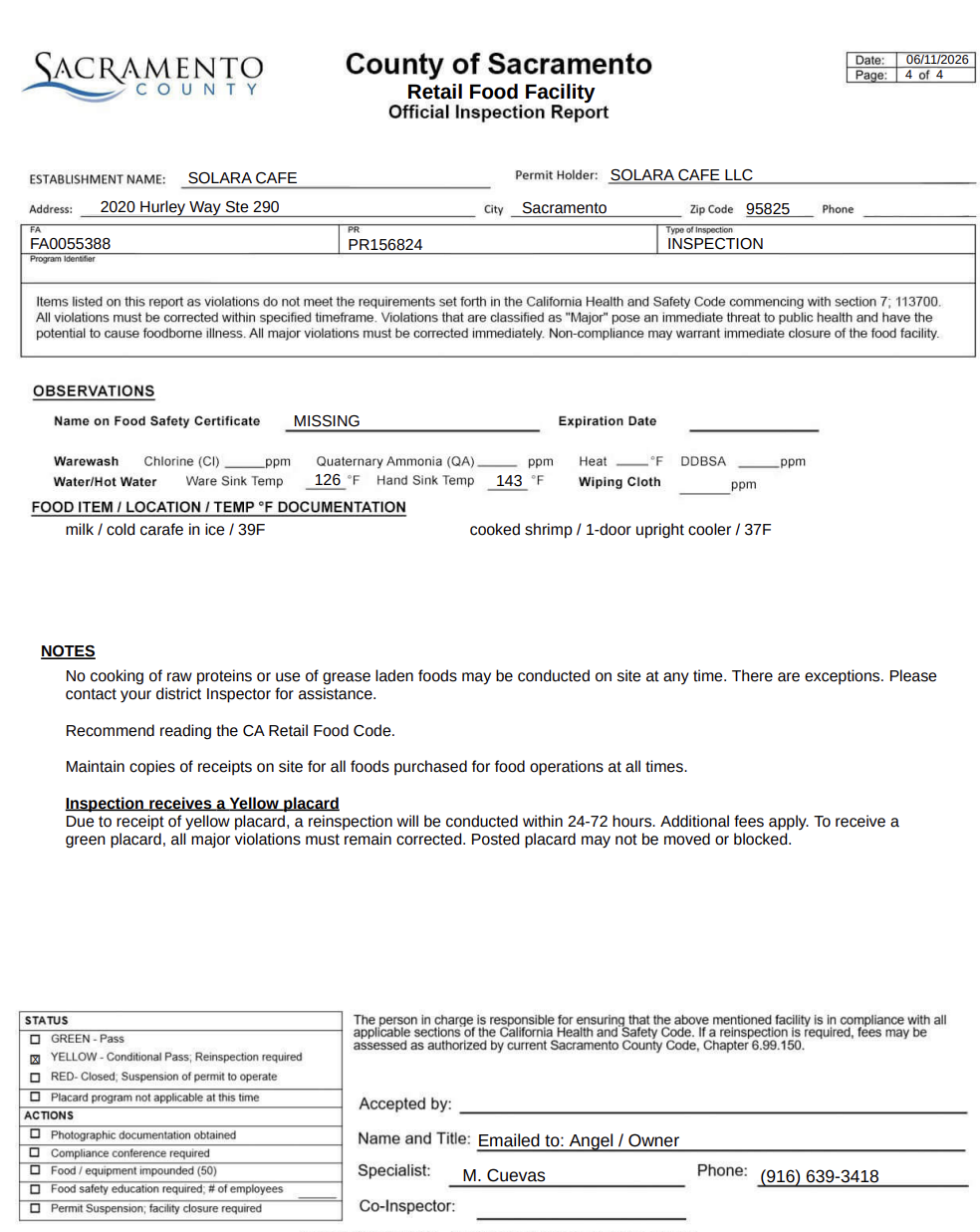 Screenshot of the comments in the inspection report (inspections.myhealthdepartment.com/sacramento)