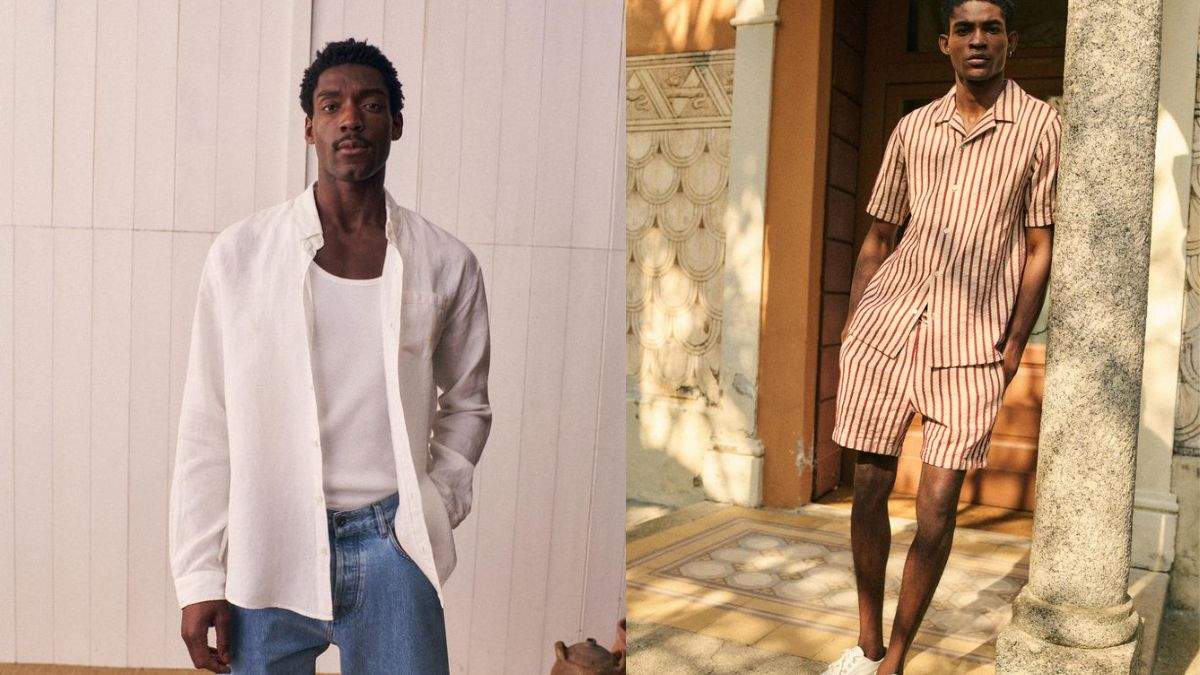 Chemise Charlie Lin Blanc and Chemise Holt Texturée Beige Rayures Rouille from Octobre Éditions collection (Courtesy of Sézane)