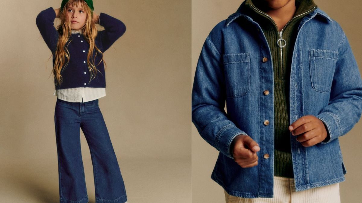 Gaspard Cardigan Enfant Navy and Joey Shirt Enfant Light Denim from Petit Sézane collection (Courtesy of Sézane)