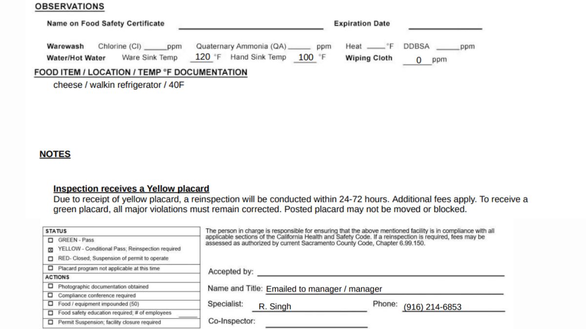 Screenshot of KK's Fries Health inspection report