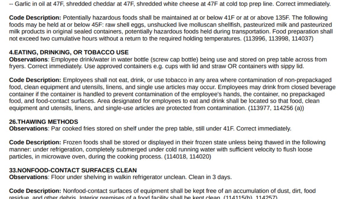 Screenshot of violations