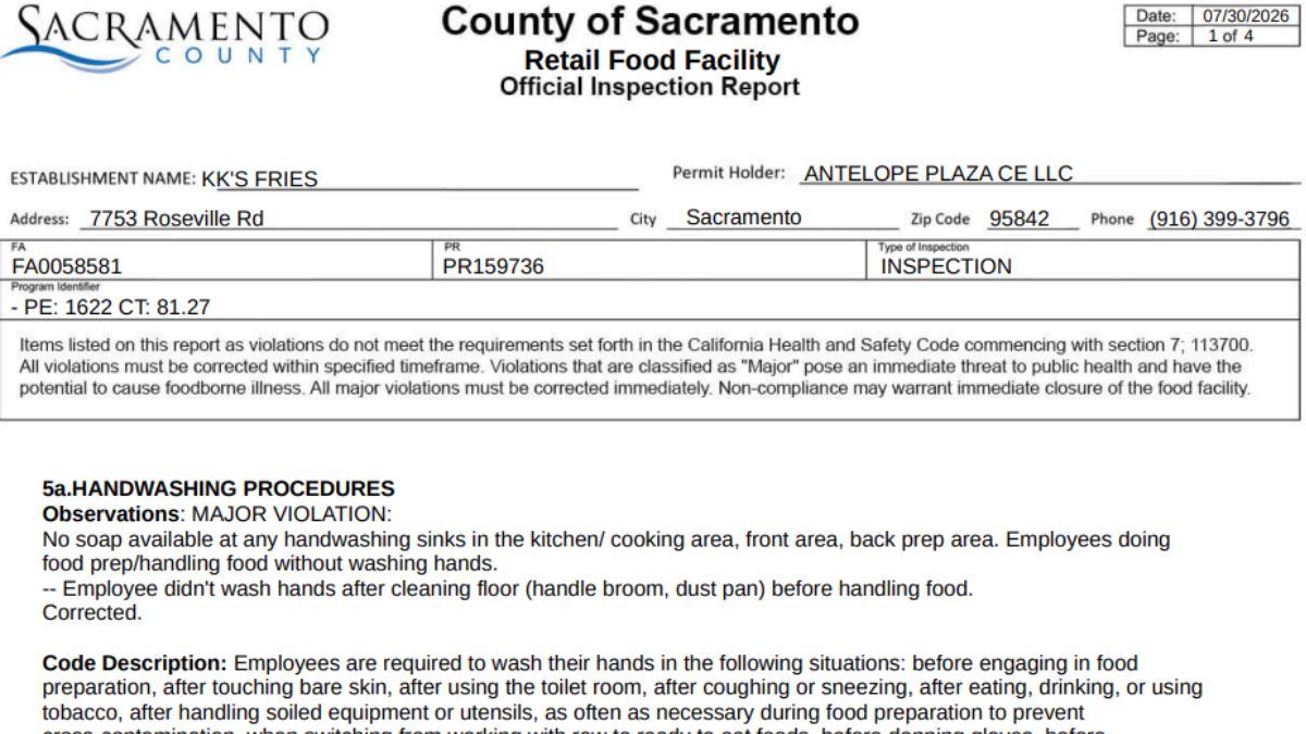 KK's Fries Health inspection report screenshot