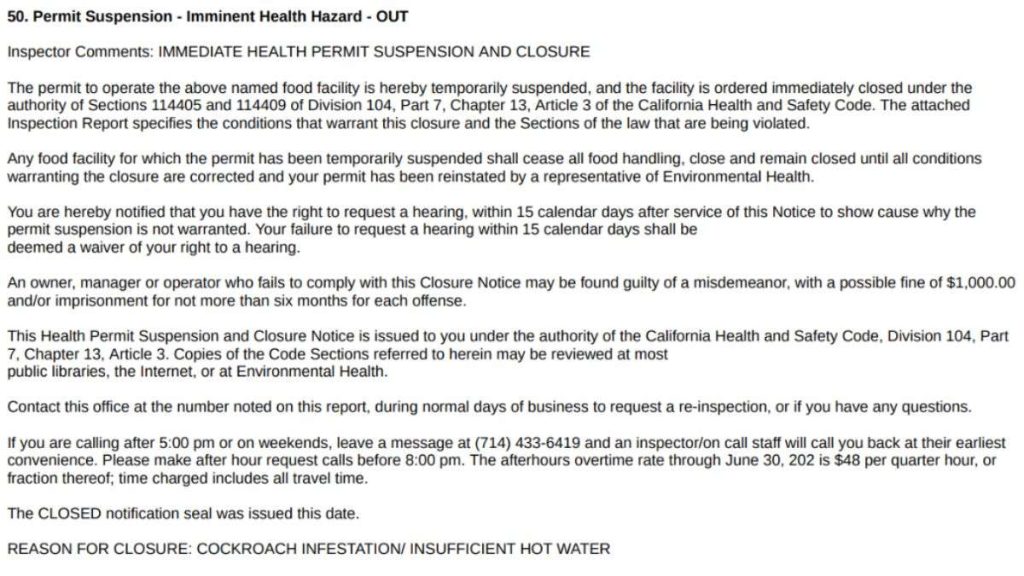 Screenshot of the official inspection report