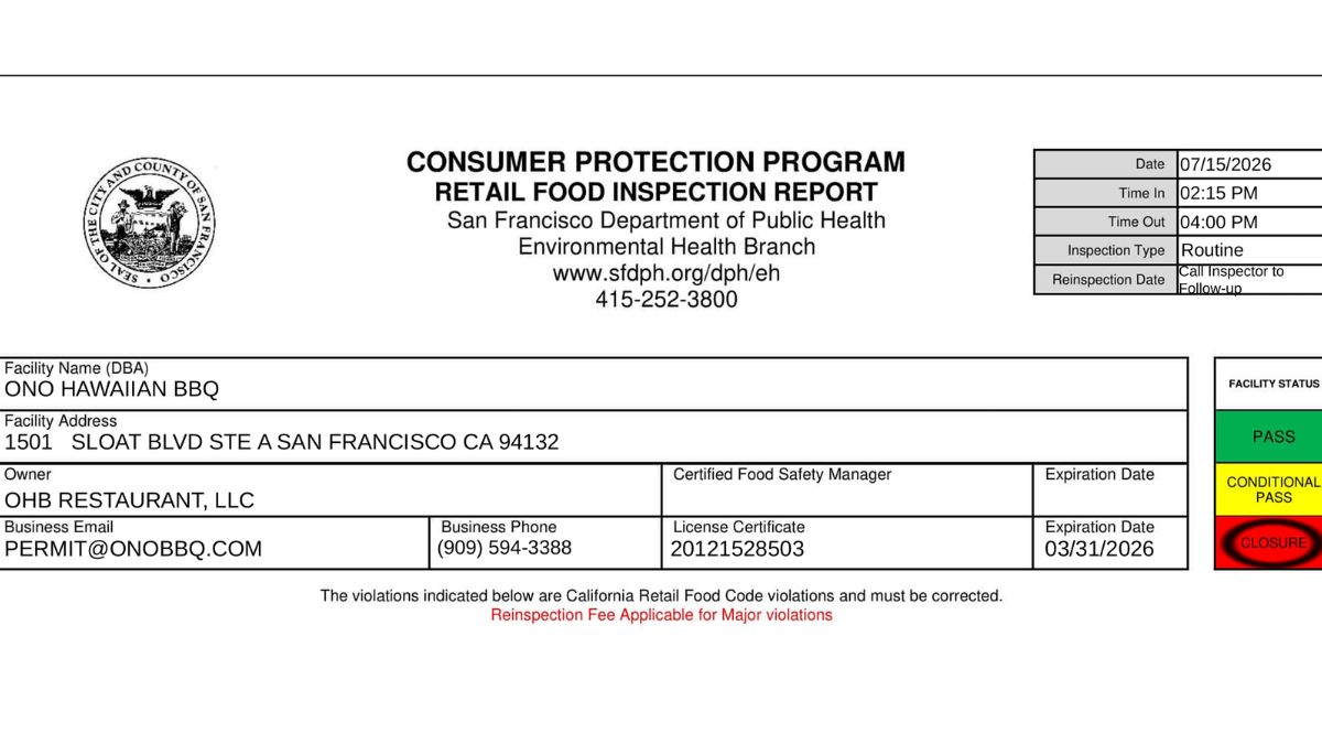 Screenshot of Ono Hawaiian BBQ health inspection report