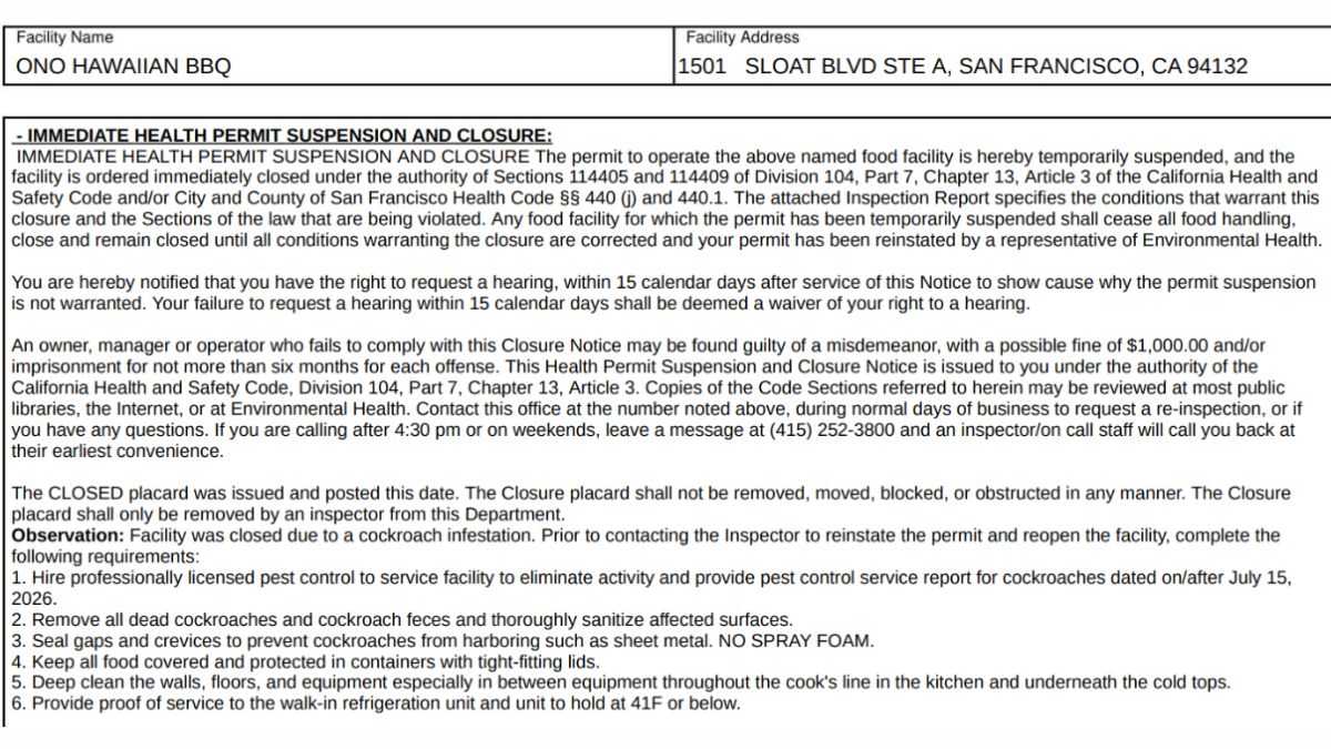 Ono Hawaiian BBQ inspection report screenshot