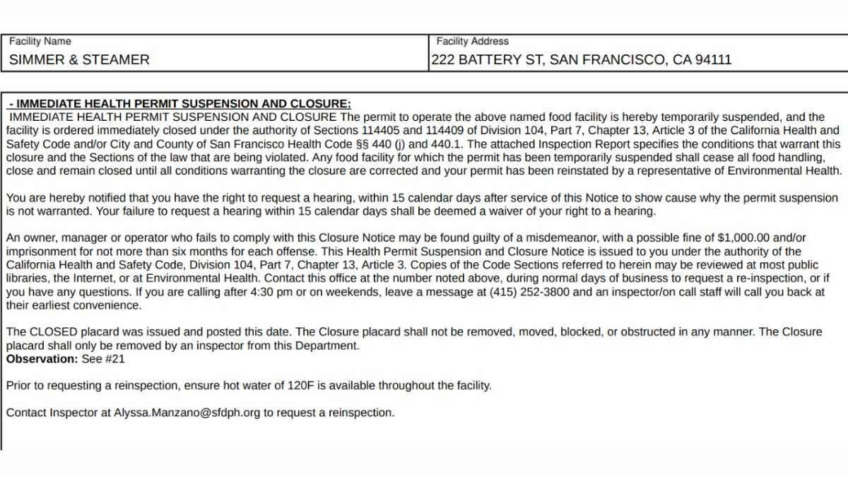 Simmer & Steamer health inspection report screenshot