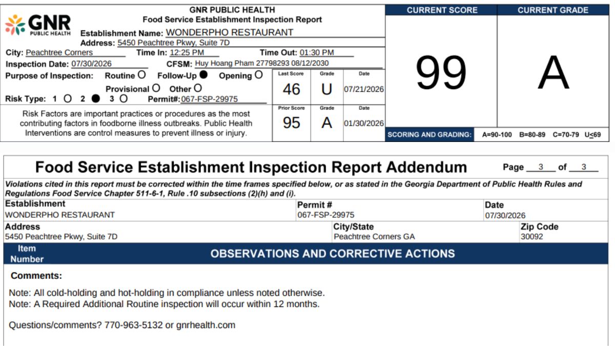 WonderPho Restaurant reinspection report image