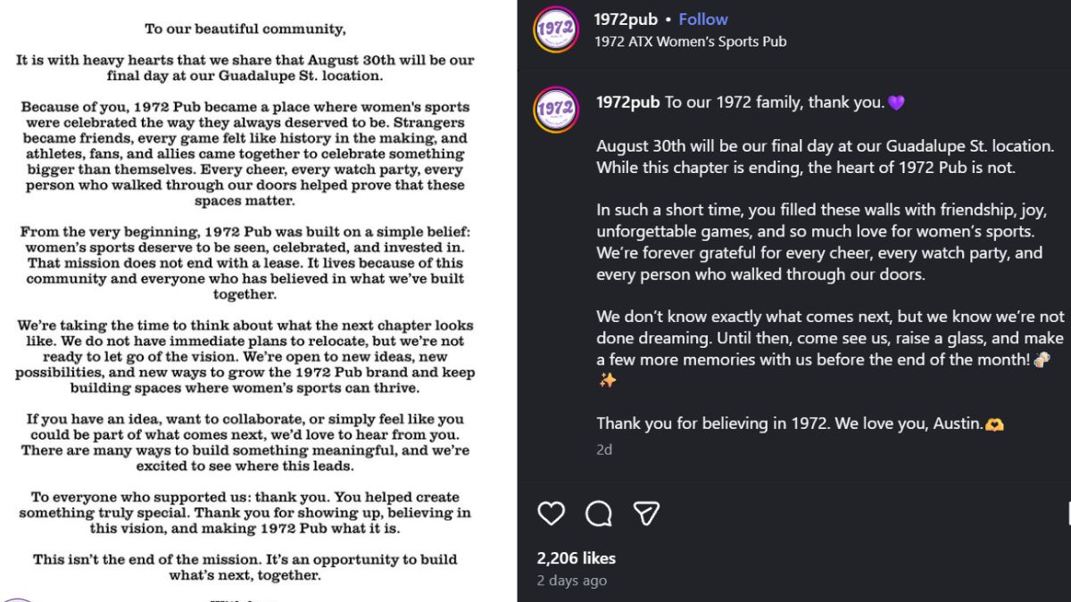 1972 Women’s Sports Pub closure announcement image