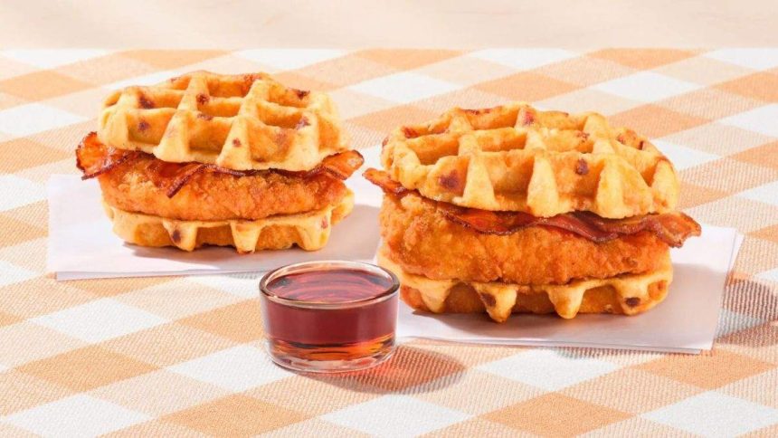 This image shows the new chicken & waffles sandwiches