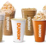 This image shows Dunkin’ pumpkin beverages arriving this fall