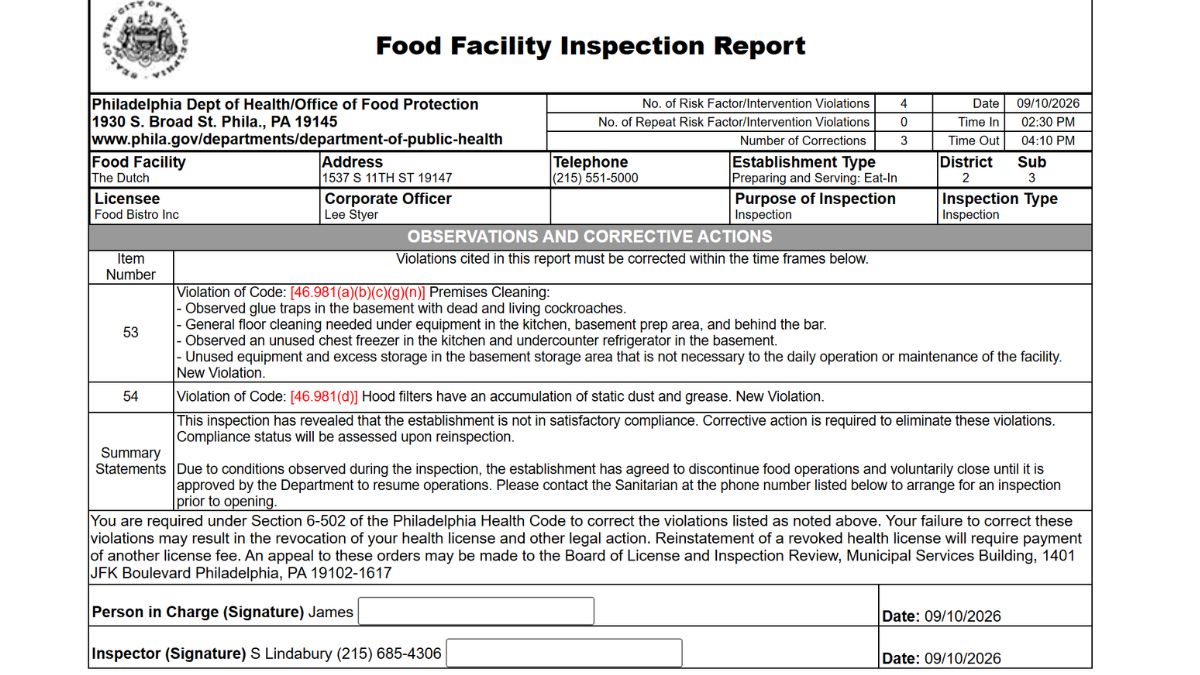 A screenshot of the comments stated in the official inspection report