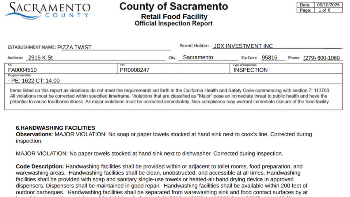 Screenshot of the inspection report