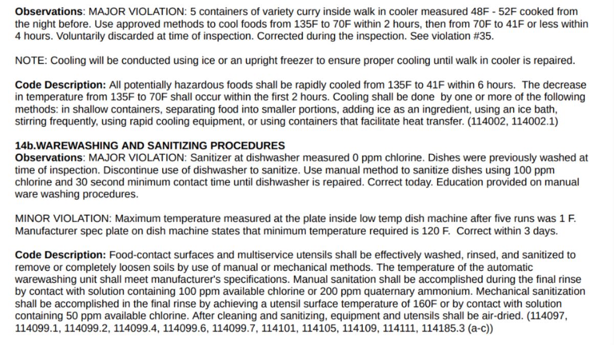 Screenshot of the violations